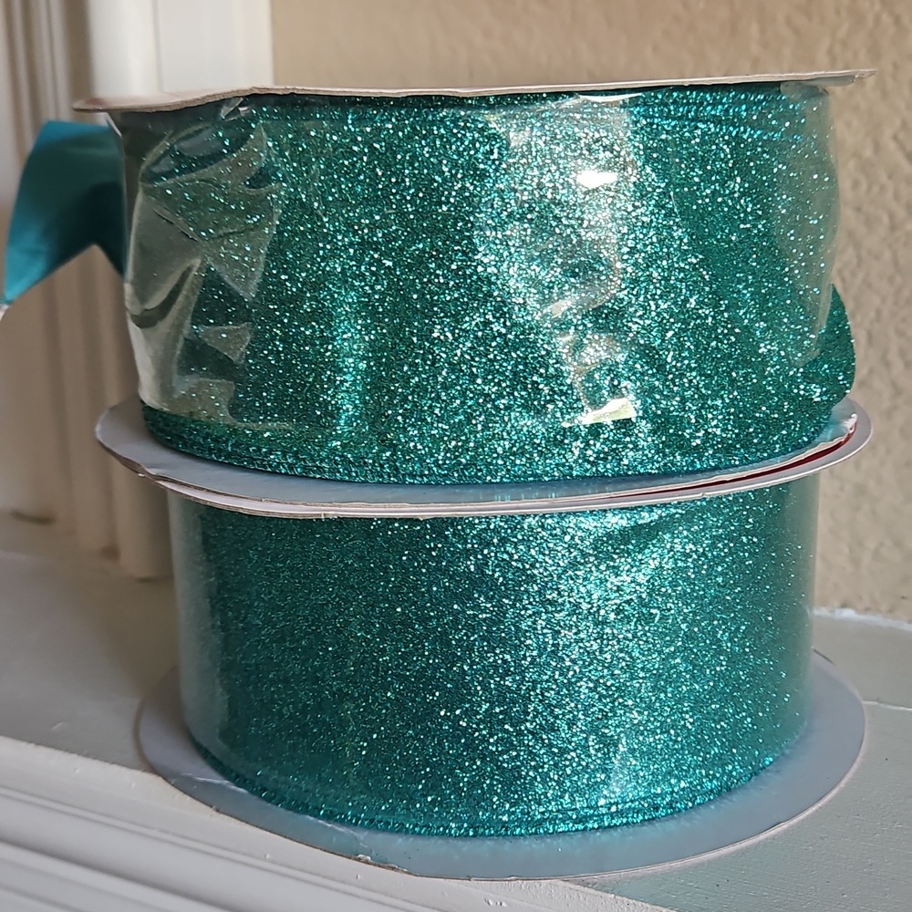 2 Rolls of Celebrate It - 2.5" x 80 feet, Turquoise Glitter Wired Ribbon